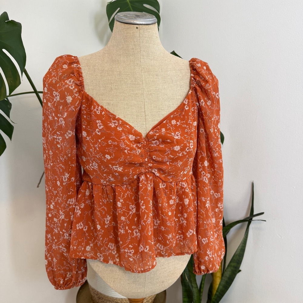 ASTR Rust Multi Floral Puff Sleeve Peplum Blouse‎ Top Size M